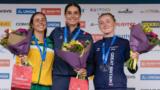 Noemie Fox (left) unlocked an Olympic quota place for Australia in the kayak cross this month.
