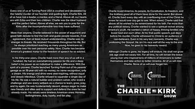 A tribute to Charlie Kirk posted on his X profile from his organisation Turning Point USA.