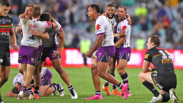 Cameron Smith and Josh Addo-Carr of the Storm celebrate victory