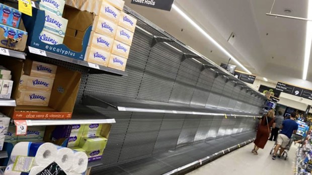 An empty aisle in the St Ives, Woolworths store, where the toilet paper should be.