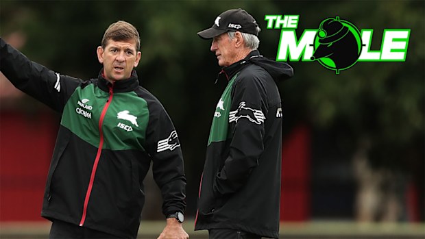 Then Rabbbitohs assistant coach Jason Demetriou talks to Wayne Bennett during a training session at Redfern Oval in 2020.