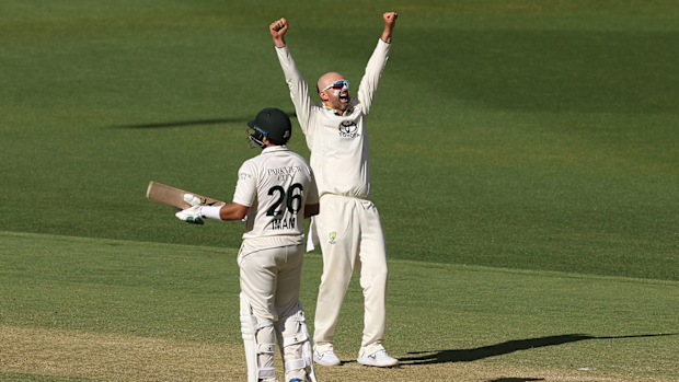 Nathan Lyon celebrates the wicket of Abdullah Shafique during day two of the first Test match between Australia and Pakistan in Perth.