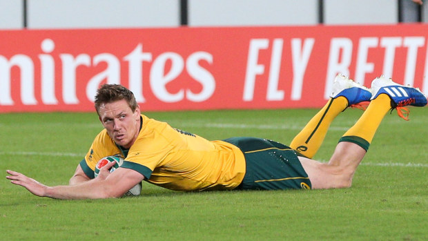 Dane Haylett-Petty of Australia scores his sides second try during the Rugby World Cup 2019 Group D game between Australia and Wales