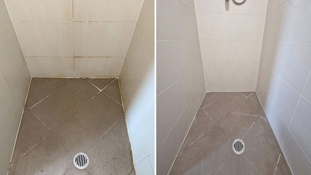 Shower before and after using Clean Like a Pro