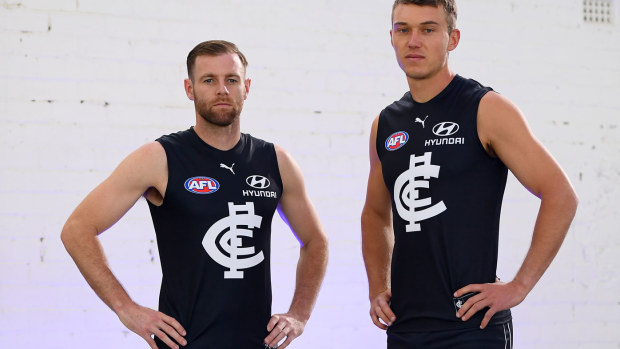 Sam Docherty and Patrick Cripps of the Blues pose during the Carlton Blues 2020 AFL playing kit reveal 
