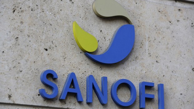 This photo taken taken Monday Nov.30, 2020 shows the logo of French drug maker Sanofi at the company's headquarters, in Paris