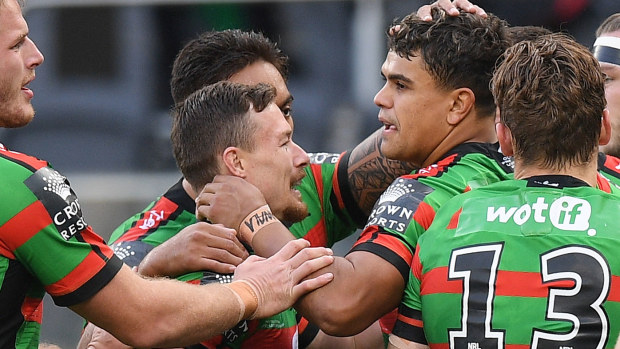 Latrell Mitchell celebrates his first try for the Rabbitohs