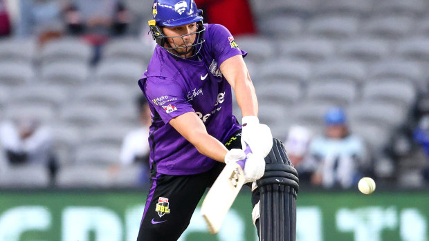 Tim David of the Hurricanes bats during the Men's Big Bash League match between the Hobart Hurricanes and the Melbourne Renegades at Marvel Stadium, on January 18, 2022.