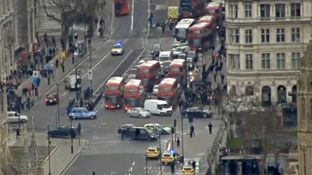 Police converge outside the Palace of Westminster after reports of a shooting in central London. (Supplied)