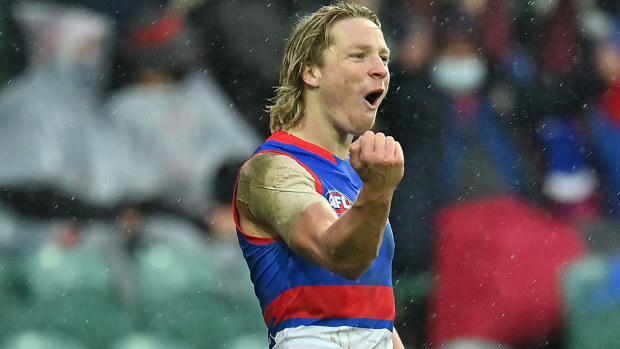 Cody Weightman of the Bulldogs celebrates kicking a goal during the AFL First Elimination Final match between Western Bulldogs and Essendon Bombers at University of Tasmania Stadium on August 29, 2021 in Launceston, Australia. (Photo by Steve Bell/AFL Photos/via Getty Images)