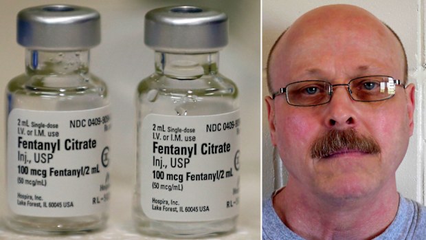 This undated photo provided by Nebraska Department of Correctional Services shows Carey Dean Moore, scheduled to be executed. Left:  small vials of fentanyl, part of a four-chemical lethal injection to be given to him.