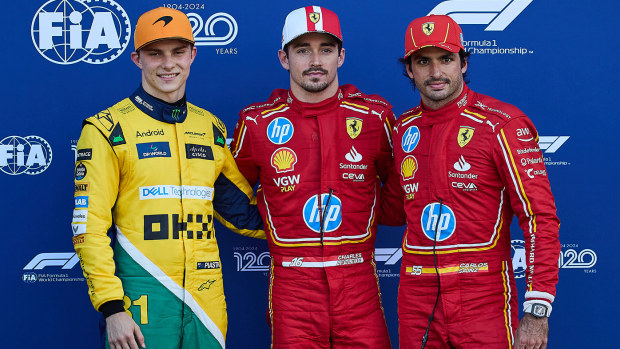 The Monaco Grand Prix top three - Charles Leclec (centre, pole), Oscar Piastri (left, second), and Carlos Sainz (right, third).