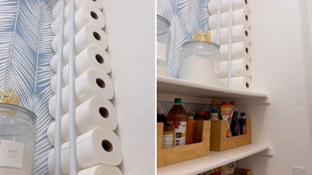 Paper towel storage in pantry made with tension rods.