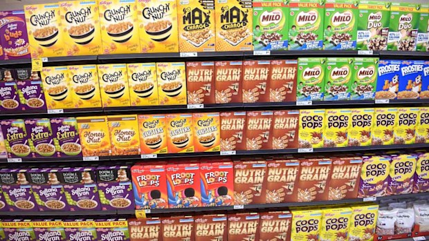 Cereal on the supermarket shelves.