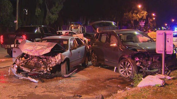 Five men were hospitalised after a six-car crash in Strathfield.