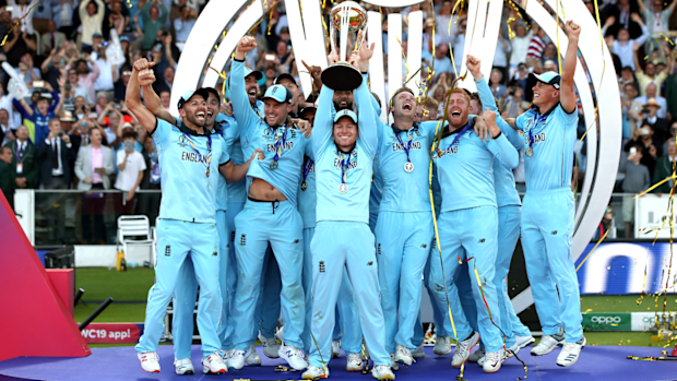 England celebrates winning the Cricket World Cup