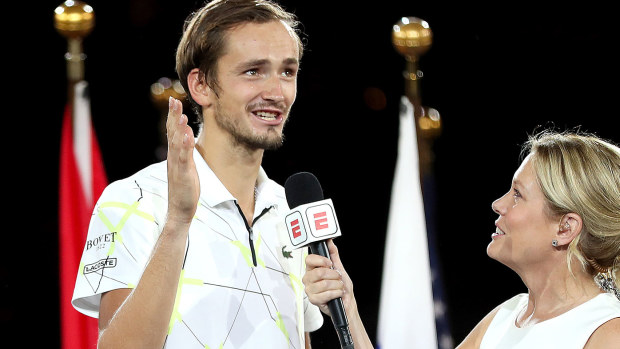 Finalist Daniil Medvedev (L) of Russia is interviewed