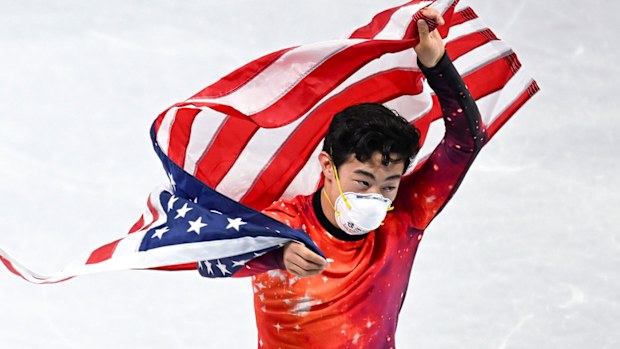 Nathan Chen of the United States celebrates after the figure skating