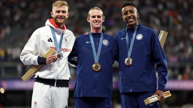 From left: Silver medallist Josh Kerr, gold medallist Cole Hocker and bronze medallist Yared Nuguse.