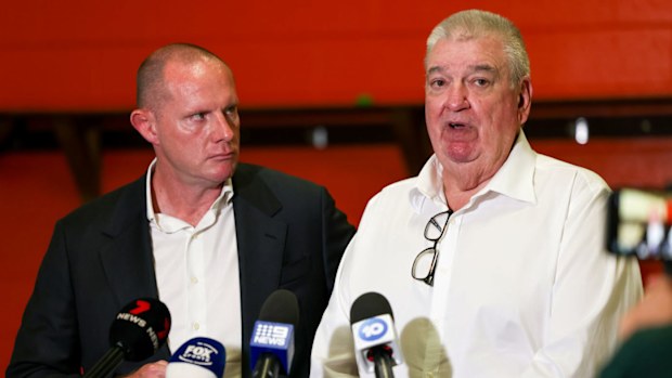Wests Tigers CEO Shane Richardson (right) addresses the media alongside Inner West Sydney Council Mayor Darcy Byrne. 