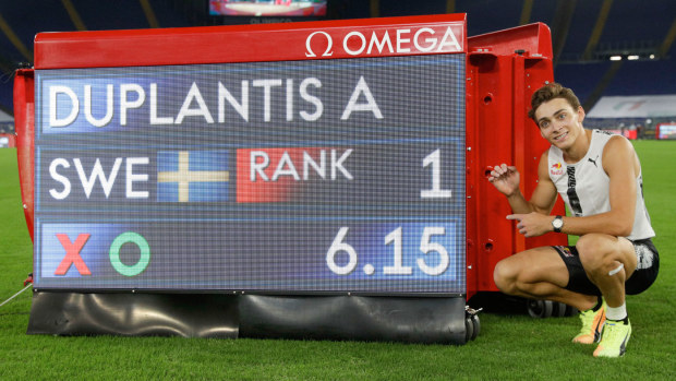 Sweden's Armand Duplantis poses for photos after jumping 6.15m the highest ever outdoor mark