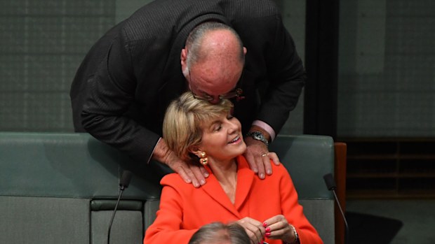 Warren Entsch embraces Julie Bishop in Parliament soon after last year's leadership spill.