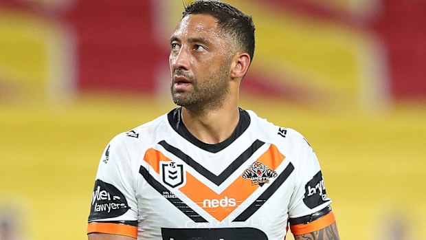 Benji Marshall looks on during the round four NRL match between the Gold Coast Titans and the Wests Tigers 