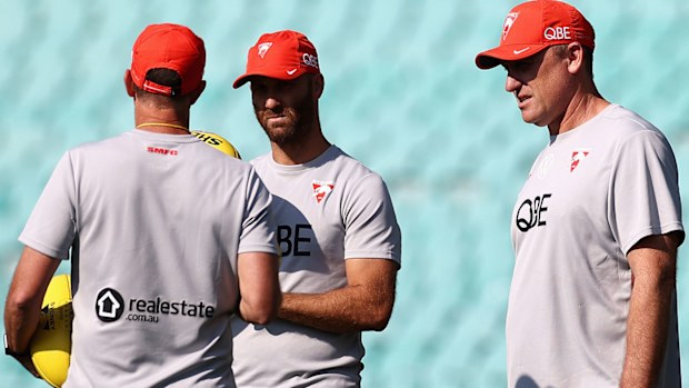  Swans head coach John Longmire talks during a Sydney Swans AFL training session at Lakeside Oval on April 29, 2021 in Sydney, Australia. (Photo by Cameron Spencer/Getty Images)