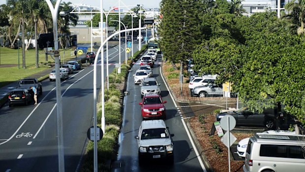 Traffic banked up along Wharf St, Coolangatta on the NSW-Queensland border.