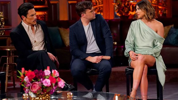 L-R: Tom Sandoval, Tom Schwartz, Raquel Leviss during the reunion episode for "Vanderpump Rules".