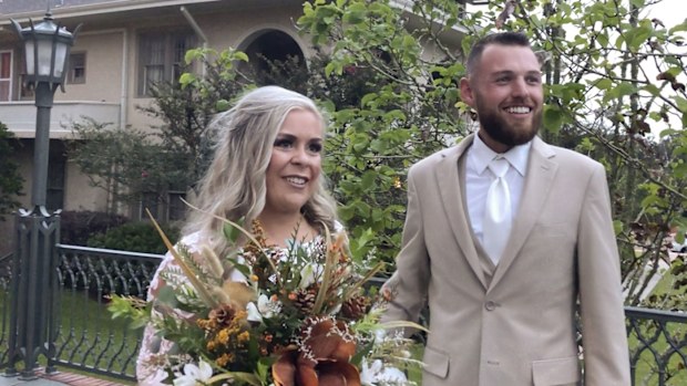 Ian and Taylor Gaspard from Abbeville speak to a reporter after geting married Thursday, October 8, 2020, in Abbeville, Louisiana 
