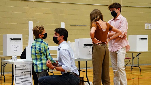 Justin Trudeau at the polling station with his three children.