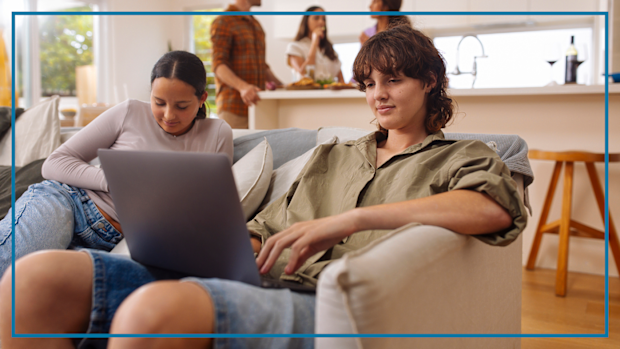 9PR: Best NBN plans for faster home internet hero image, girl on laptop on couch
