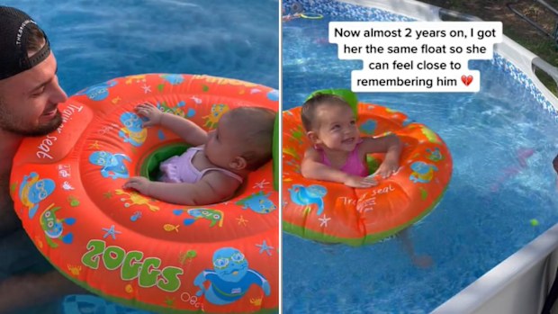 Baby in pool floatie.