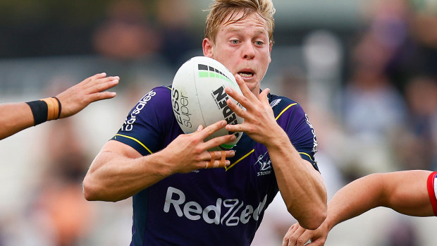 Tyran Wishart in action for Melbourne Storm during a trial match.