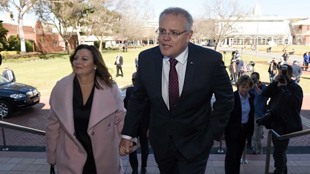 Prime Minister Scott Morrison and wife Jenny arrive for the State Funeral of former deputy prime minister and national party leader Tim Fischer.