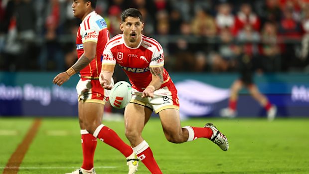 Jeremy Marshall-King of the Dolphins passes during the round 13 NRL match between the Dolphins and St George Illawarra Dragons.
