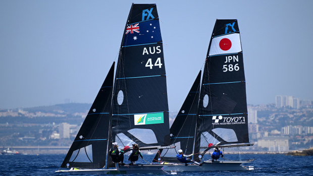 Australia's Olivia Price and Evie Haseldine on the water at the Paris 2024 sailing test event in France in July.