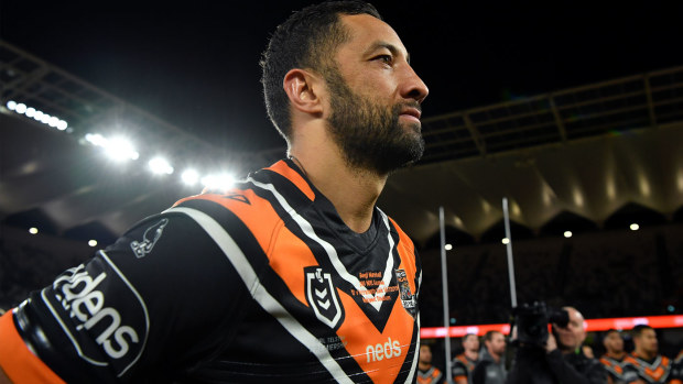 Benji Marshall celebrates his 300th NRL game