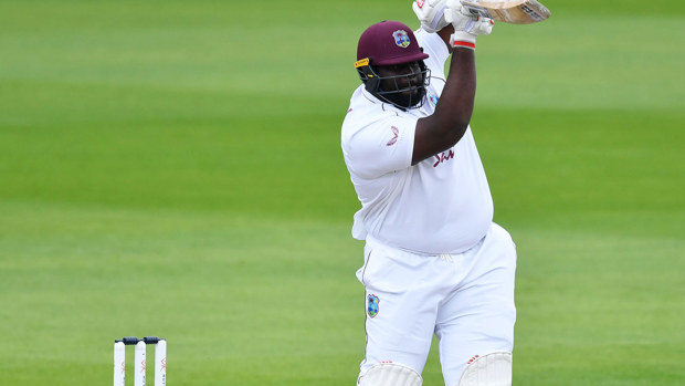 Rahkeem Cornwall of West Indies batting against England at Old Trafford in 2020.
