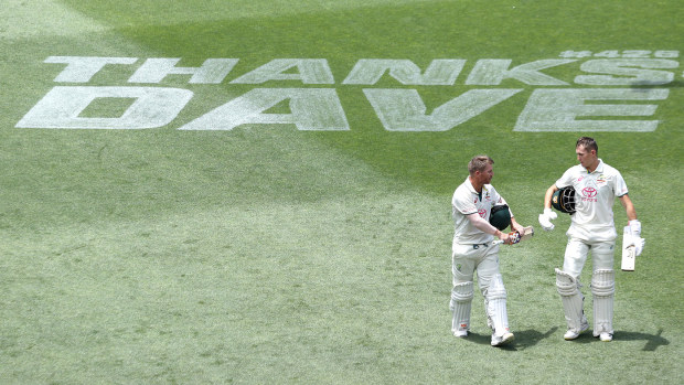 David Warner of Australia Marnus Labuschagne of Australia walk off for lunch during day four of the Men's Third Test Match in the series between Australia and Pakistan at Sydney Cricket Ground on January 06, 2024 in Sydney, Australia. (Photo by Jason McCawley - CA/Cricket Australia via Getty Images)