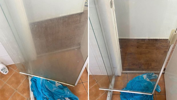 Before-and-after comparison of a shower glass screen cleaned with Coles Ultra bath and shower cleaner