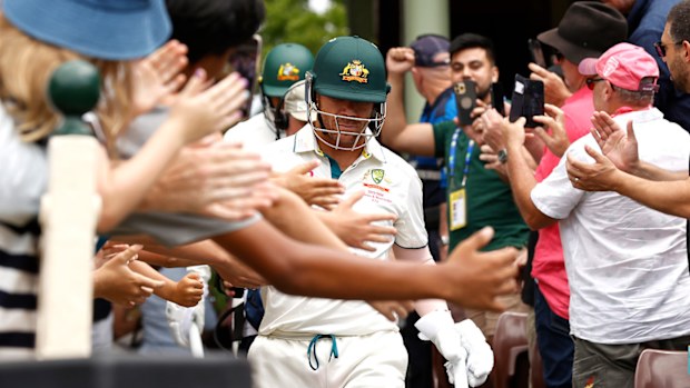 David Warner of Australia walks out to bat in his final innings during day four of the Men's Third Test Match in the series between Australia and Pakistan at Sydney Cricket Ground on January 06, 2024 in Sydney, Australia. (Photo by Darrian Traynor/Getty Images)