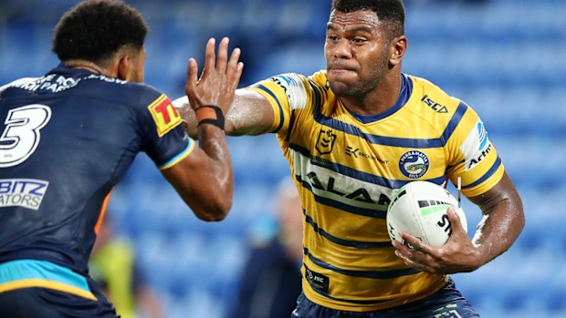 Maika Sivo of the Eels runs the ball during the round 2 NRL match between the Gold Coast Titans