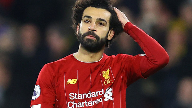 Mohamed Salah of Liverpool looks dejected 