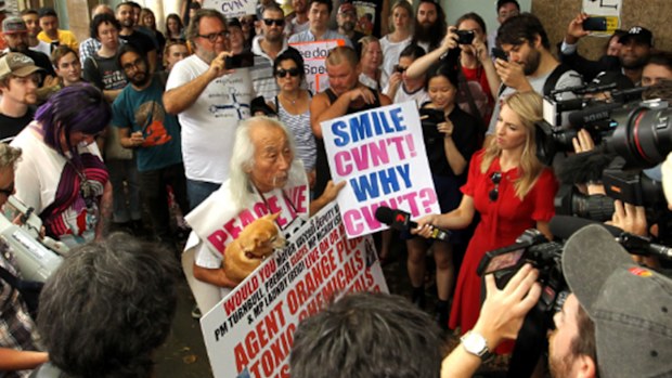 Sydney activist Danny Lim is seen outside of Sydney City Police Area Command, Sydney, Sunday, January 13, 2019. Protestors have gathered to rally against what they say is the brutal arrest of well known Sydney activist Danny Lim, who is 74-years-old