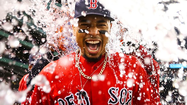 Mookie Betts showered in Gatorade after the Boston Red Sox defeated the New York Yankees 10-5 at Fenway Park on July 26, 2019