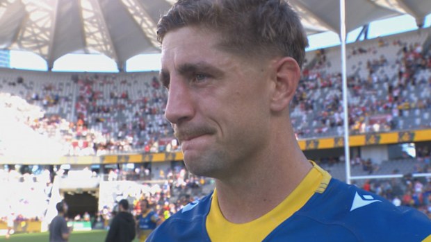 An emotional Zac Lomax speaking to Fox Sports after kicking the winning field goal against the Dragons.