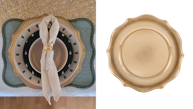 Gold look charger plate with natural trees dinnerware, Kmart