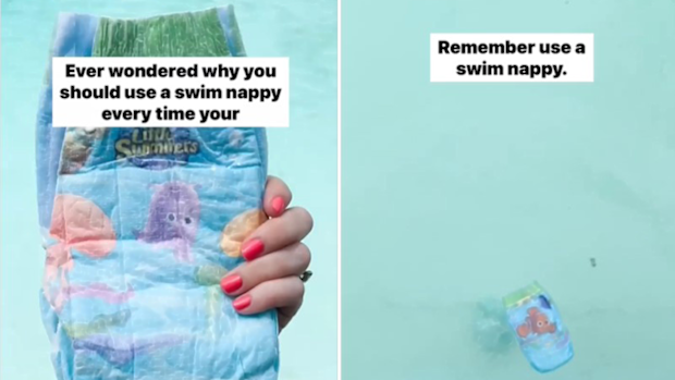 (Left) Close up of a swim nappy. (Right) Swim nappy floating in a pool.